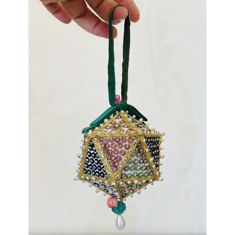 VTG Handmade Octagon Push Pin Ornament Beaded Gold Trim Multicolor 5"